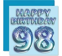 98th Birthday Card for Men - Blue Glitter Party Balloon - Happy Birthday Cards for 98 Year Old Man Great Grandpa Grandad Dad Gran, 145mm Greeting Cards Gift