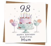 98th Birthday Card for Mum, Happy Birthday Beautiful Mum Card with Cake and Drinks, Milestone for Mother