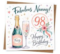 98th Birthday Card for Nanny, Champagne, Florals & Confetti | Cheerful 98th for Nanny with champagne and floral artwork, colourful confetti details and a bold ‘Happy Birthday’.