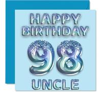 98th Birthday Card for Uncle - Blue Glitter Party Balloons - Happy Birthday Cards for 98 Year Old Uncle from Nephew Niece, 145mm Bday Greeting Cards Gift