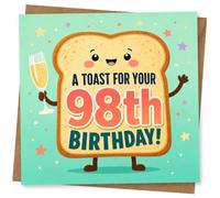 98th Birthday Card, Toast Character & Champagne Glass | Playful 98th birthday look with a smiling toast character holding a champagne glass, in bold party colours and text.