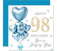 98th Birthday Cards for Men - Blue Glitter Balloons - Happy Birthday Card for 98 Year Old Man Great Grandad Step Dad Uncle Husband, 145mm Bday Greeting Cards
