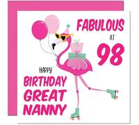 98th Great Nanny Birthday Card - Fabulous Flamingo - Great Grandmother Birthday Card for 98 Year old Ninety Eight, Ninety Eighth
