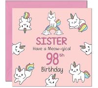 98th Sister Birthday Card - Funny Cat Cute Sister's Birthday Card for 98 Year old Ninety Eight, Ninety Eighth