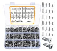 990pcs Self Tapping Screws Assortment Set, M3/M4/M5/M6 Stainless Steel Sheet Metal Screws, Phillips Drive Wood Screws Set for Deck Drywall Concrete Screws(500pcs Flat Head, 490pcs Round Head)