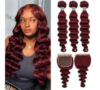 99J Bundles Ombre Loose Deep Wave Human Hair Bundles | Wine Red Curly Wave 3Bundles Brazilian Human Hair And 4X4 Free Part Lace Closure for Black Women,16 18 20+16 inch