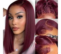 99J Human Hair Wig 16 Inch Straight 13x4 HD Transparent Lace Front Free Part Straight Bob Win Red Human Hair Pre Drawn Bob Wig