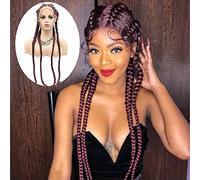 99J Red Braided Wigs for Black Women Long Straight Glueless Synthetic Lace Front Wigs Pre Plucked Hairline Knotless Box Braid Realistic Wig with Baby Hair Heat Resistant Cosplay Drag Queen 30Inch