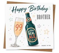 99th Birthday Card for Brother, Ale Bottle & 99 Glass | Celebrate your brother’s 99th with a pint bottle and champagne flute marked “99”, plus “Cheers! To You” and star confetti.