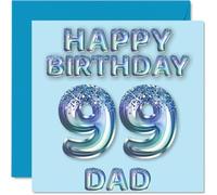 99th Birthday Card for Dad - Blue Glitter Party Balloons - Happy Birthday Cards for 99 Year Old Dad Father from Son Daughter, 145mm Bday Greeting Cards Gift