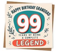 99th Birthday Card for Grandad, Big 99 Complete Legend | Celebrate Grandad’s 99th with bold “Happy Birthday Granddad”, huge 99 and the line “Years of being a complete legend”.
