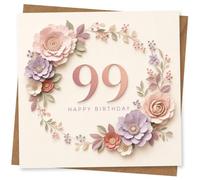 99th Birthday Card for Her, Floral Pastel Happy Birthday Card with Elegant Paper Flower Wreath Design