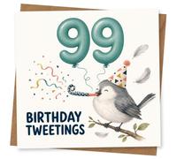 99th Birthday Card for Her, Party Bird, 99 Balloons & Confetti | Celebrate her 99th with bold teal “99” balloon numbers, colourful confetti and a cute party-hat bird blowing a party horn.