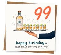99th Birthday Card for Her, Tequila Tray & Cheeky Line | Mark her 99th with a bold number, tequila-and-shots tray, and the cheeky “happy birthday... what could possibly go wrong?”