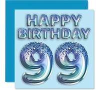 99th Birthday Card for Men - Blue Glitter Party Balloon - Happy Birthday Cards for 99 Year Old Man Great Grandpa Grandad Dad Gran, 145mm Bday Greeting Cards Gift