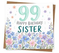 99th Birthday Card for Sister, Watercolour Meadow Flowers | Celebrate your sister’s 99th with bold “99” and “HAPPY BIRTHDAY SISTER”, surrounded by delicate pastel wildflowers.