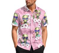 99TIMORO Fathers Tropical Button Down Short Sleeve Top, Culture Character Hawaiian Shirt for Men, Summer Beach Gifts, Alien 2, Large
