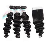 9A Brazilian Human Hair Loose Wave with Closure 100% Human Hair 3 Bundles with Swiss Lace Closure Natural Color