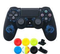 9CDeer 1 Piece of Silicone Laser Carving Protective Cover Skin + 6 Thumb Grips & Dust Proof Plugs for PS4/Slim/Pro Controller Dragon Blue