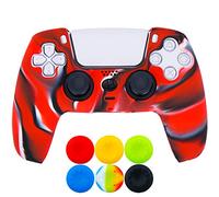 9CDeer 1 Piece of Silicone Protective Thick Cover Skin + 6 Thumb Grips for Playstation 5 / PS5 Controller Camouflage Red