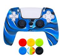 9CDeer 1 Piece of Silicone Protective Thick Cover Skin + 6 Thumb Grips for Playstation 5 / PS5 Controller Camouflage blue