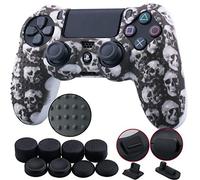 9CDeer 1 Piece of Silicone Studded Water Transfer Protective Sleeve Case Cover Skin + 8 Thumb Grips Analog Caps + 2 dust proof plugs for PS4/Slim/Pro Controller, Skull Black