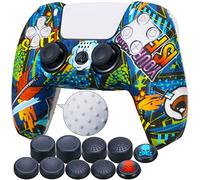 9CDeer 1 Piece of Silicone Transfer Print Protective Cover Skin + 10 Thumb Grips for Playstation 5 / PS5 Controller Graffito Blue