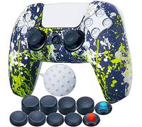 9CDeer 1 Piece of Silicone Transfer Print Protective Cover Skin + 10 Thumb Grips for Playstation 5 / PS5 Controller Green graffiti
