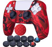 9CDeer 1 Piece of Silicone Transfer Print Protective Cover Skin + 10 Thumb Grips for Playstation 5 / PS5 Controller paint red