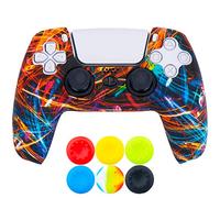 9CDeer 1 Piece of Silicone Transfer Print Protective Thick Cover Skin + 6 Thumb Grips for Playstation 5 / PS5 Controller Black Stream
