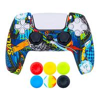 9CDeer 1 Piece of Silicone Transfer Print Protective Thick Cover Skin + 6 Thumb Grips for Playstation 5 / PS5 Controller Graffito Blue