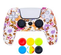9CDeer 1 Piece of Silicone Transfer Print Protective Thick Cover Skin + 6 Thumb Grips for Playstation 5 / PS5 Controller Pink Flowers