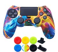 9CDeer 1 Piece of SiliconeTransfer Print Protective Cover Skin + 6 Thumb Grips & Dust Proof Plugs for PS4/Slim/Pro Controller rainbow