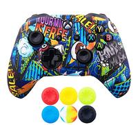 9CDeer 1 Piece of SiliconeTransfer Print Protective Cover Skin + 6 Thumb Grips for Xbox One/S/X Controller Graffito Blue
