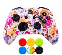 9CDeer 1 Piece of SiliconeTransfer Print Protective Cover Skin + 6 Thumb Grips for Xbox One/S/X Controller Pink Flowers