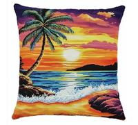 9CT Cross Stitch Kits For Adults Pillow Ocean Waves And Coconut Trees Animal Needlepoint Craft Set Pre Printed Handmade Cushions Cover Stitched Cushion Kit Decorative For Adults Beginners 45x45cm