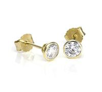 9ct Gold & 4mm Round Clear CZ Crystal Rubover Stud Earrings