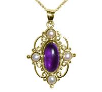 9ct Gold Cabouchon Amethyst & Pearl Victorian Style Pendant & 18" Chain Necklace
