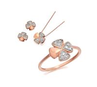 9ct Rose Gold Four Leaf Clover Ring, Earrings And Necklace Gift Set - 15pts - D8604