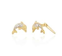 9ct two-tone Gold Pave Dolphin Andralok stud earrings/novelty gift box included