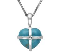 9ct White Gold Turquoise Marcasite Small Cross Heart Necklace - Gold