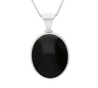 9ct White Gold Whitby Jet Mother of Pearl Hallmark Double Sided Oval Necklace - Gold FBS-2374