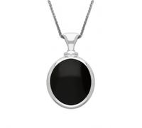 9ct White Gold Whitby Jet Mother Of Pearl Small Double Sided Oval Fob Necklace - White Gold FBS-101