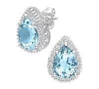 9ct White Gold Women’s Earrings - Blue Topaz Drop Diamond Set Studs - by Elegano