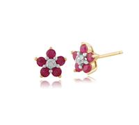 9ct Yellow Gold 0.58ct Natural Ruby & Diamond Flower Stud Earrings