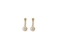 9ct Yellow gold 5mm round crystal CZ rubover drop earrings. Gift box