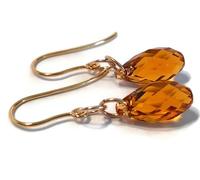 9ct Yellow Gold Amber Drop Earrings, 13x7mm Gemstone Beads, Elegant Dangle Design.
