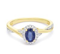 9ct Yellow Gold Blue Sapphire & 0.10ct Diamond Oval Shaped Ring