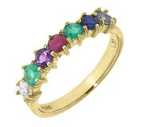 9ct Yellow Gold Ladies Diamond Emerald Amethyst Ruby Sapphire & Tanzanite Dearest Eternity Ring - Size R