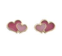 9ct yellow gold pink enamel double heart stud earrings. Gift box / 2021 Lockdown Valentine's Day Gift for Her Girlfriend Wife